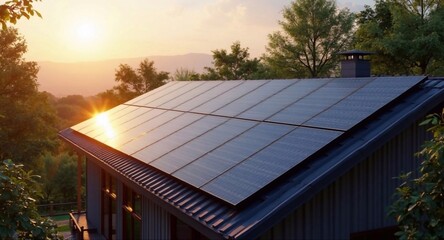 solar panels for generating electricity on the roof of a residential building at sunset