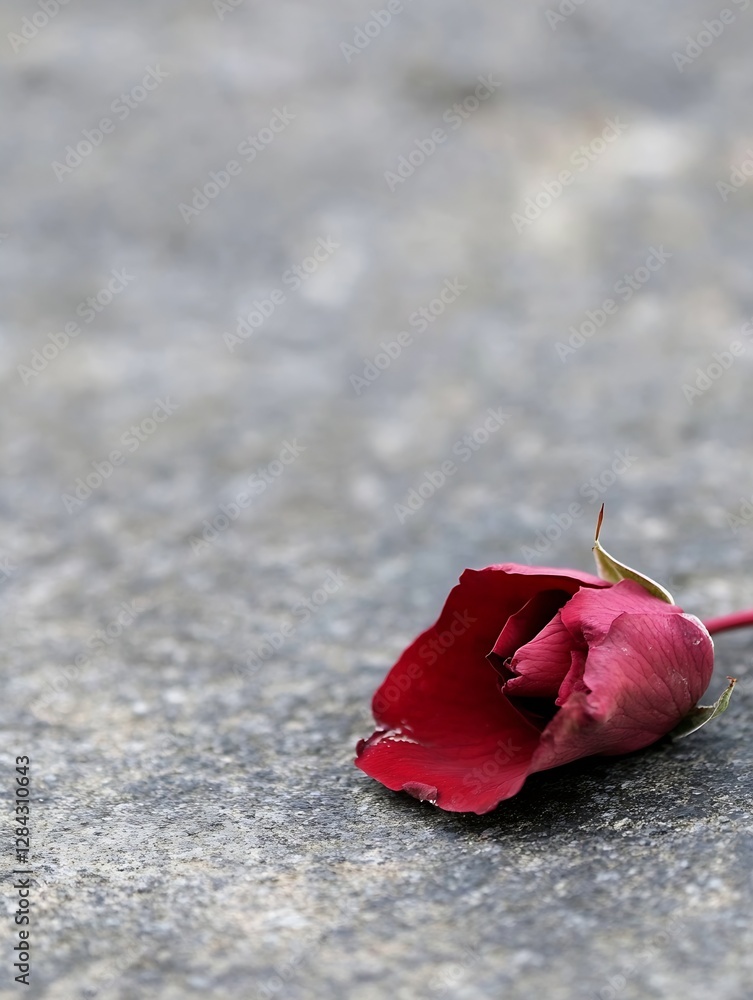 Poster single red rose petal lying elegantly on dark textured stone surface : generative ai