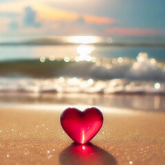 red heart made of glass on the beach, against the backdrop of the sea