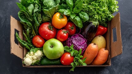 A vibrant assortment of fresh vegetables and fruits arranged in a cardboard box, showcasing a variety of colors and textures.