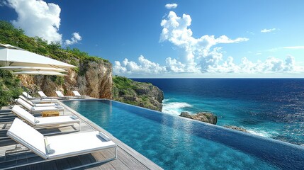 Fototapeta premium Cliffside infinity pool, tropical resort, ocean view, sun loungers