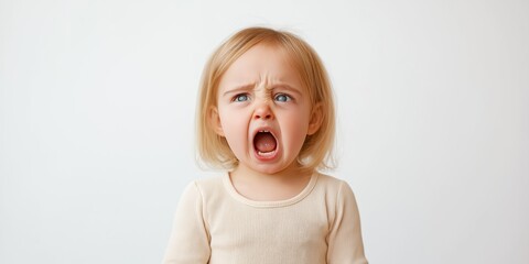 A young blonde girl is crying and has a lot of powder on her face. She is wearing a white shirt and has a blue eye