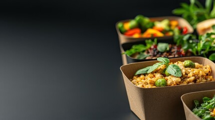 A close-up of colorful, healthy food in paper containers, showcasing a variety of fresh vegetables and grains against a dark background.