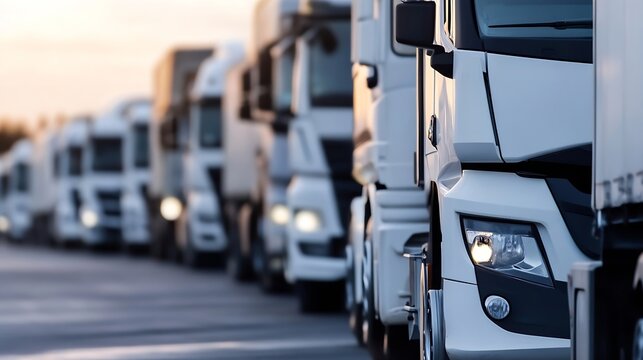 Row of Modern White Trucks Parked Neatly in the Evening Light : Generative AI