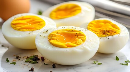 Boiled Eggs with Colorful Spices and Herbs on Marble Counter