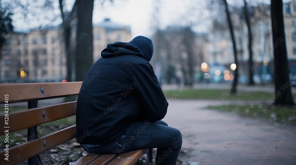 Poster lonely figure sitting on a park bench in a cityscape depicting solitude and reflection during a gloo