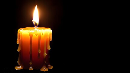 Dramatic Contrast of Burning Candle with Dripping Wax Against Dark Background