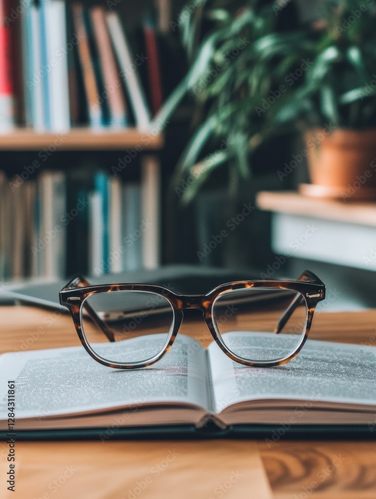 Aufkleber Stylish eyeglasses resting on an open book in a cozy library setting during the day. Generative AI
