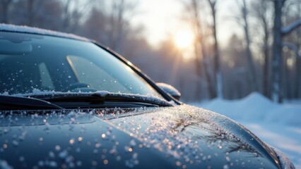 Snow-covered windshield wipers, Close-up of snow-covered windshield wipers on a black car under soft morning sunlight front view serene winter scene.