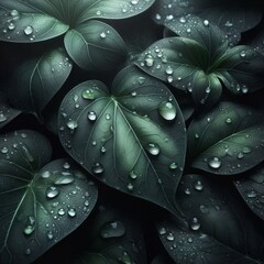 Fototapeta premium Dew-covered green leaves with water droplets in a lush, vibrant, and fresh natural setting