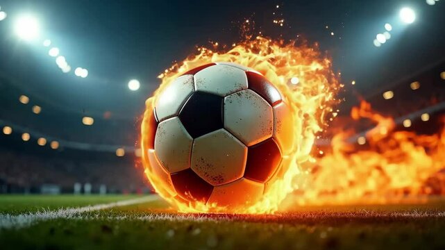 A burning soccer ball in the stadium. For sporting events, advertising championships, football clubs, paraphernalia and dynamic design.