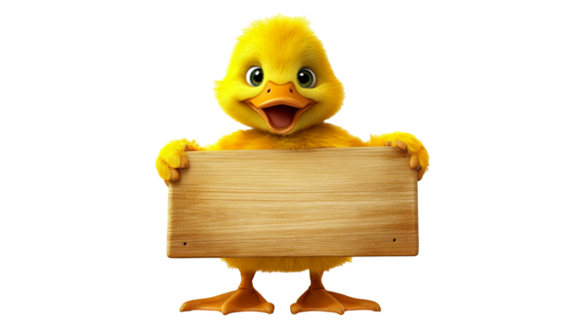 Cute yellow chick holding a wooden sign in studio