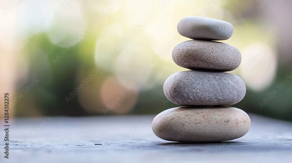 Fototapete Balanced stack of smooth stones on a serene surface symbolizing tranquility and harmony in holistic wellbeing and meditation practices : Generative AI