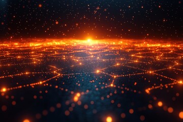 Obraz premium Bright connections of a digital network glowing under a cosmic horizon at dusk