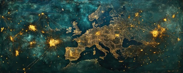 Illuminated world map displaying europe with golden networks against starry night sky