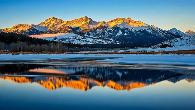 Majestic mountain peaks at sunrise reflected in the clear icy water