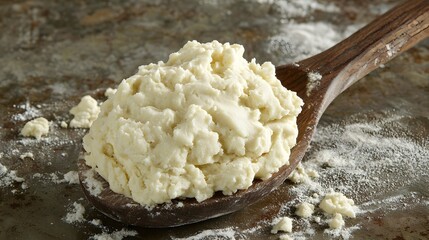Creamy Cookie Dough on Wooden Spoon with Flour Dusted Rustic Kitchen Counter