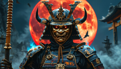 Obraz premium Towering Oni Warrior Warlord Beneath the Blood Moon, black-and-gold samurai armor, golden mask, glowing red crimson, ivory horns, Oni Demon, Troll, ogre, Japanese folklore mythology
