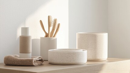 Naklejka premium A serene display of minimalist bathroom accessories, featuring neutral tones and natural materials, creating a calming atmosphere.
