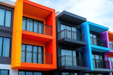 Colorful modern apartment building with vibrant balconies in a sunlit urban area