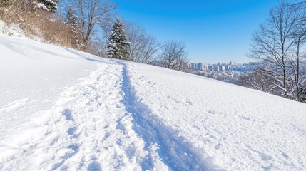 Fototapeta premium Snowy hillside path leading to city view