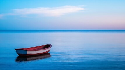 Naklejka premium Lonely vintage wooden boat gently floating on calm water during sunset with beautiful pastel sky backdrop : Generative AI