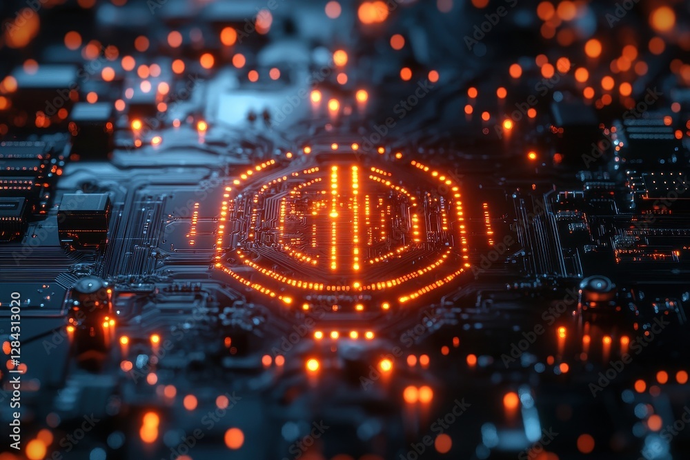 Poster intricate circuitry illuminated by glowing orange lights showcasing advanced technology in a close-u