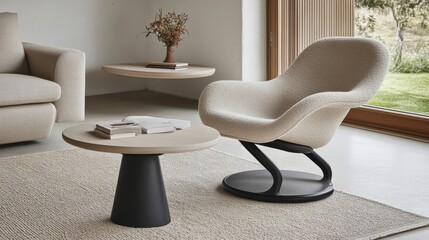 Cozy Living Room with Plush Armchair Round Tables and Textured Carpet in Natural Light