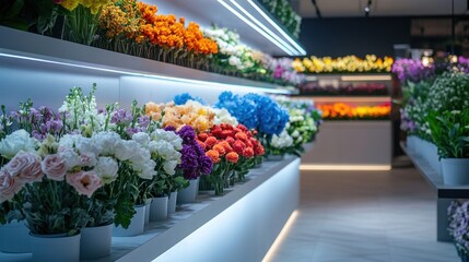 Fototapeta premium A stunning array of vibrant flower bouquets fills the counter of a contemporary floral shop illuminated by gentle lighting