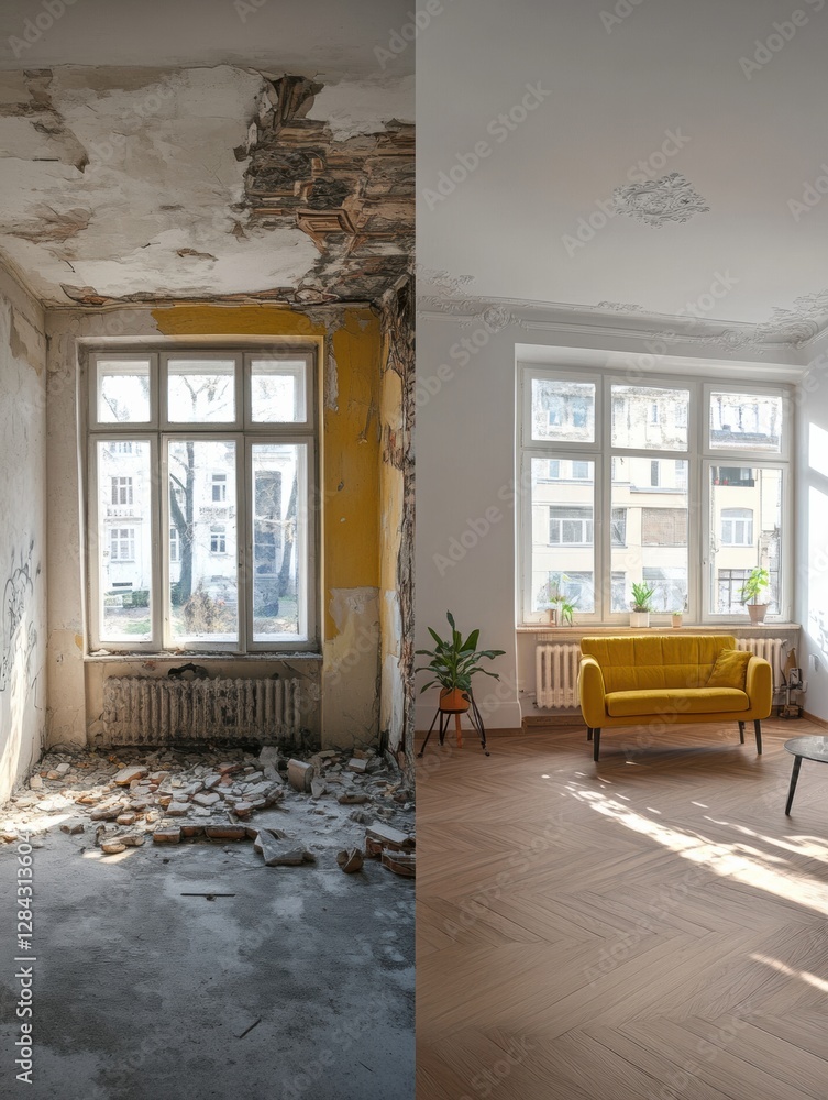Aufkleber transformation of a dilapidated apartment into a stylish and modern living space with bright design 