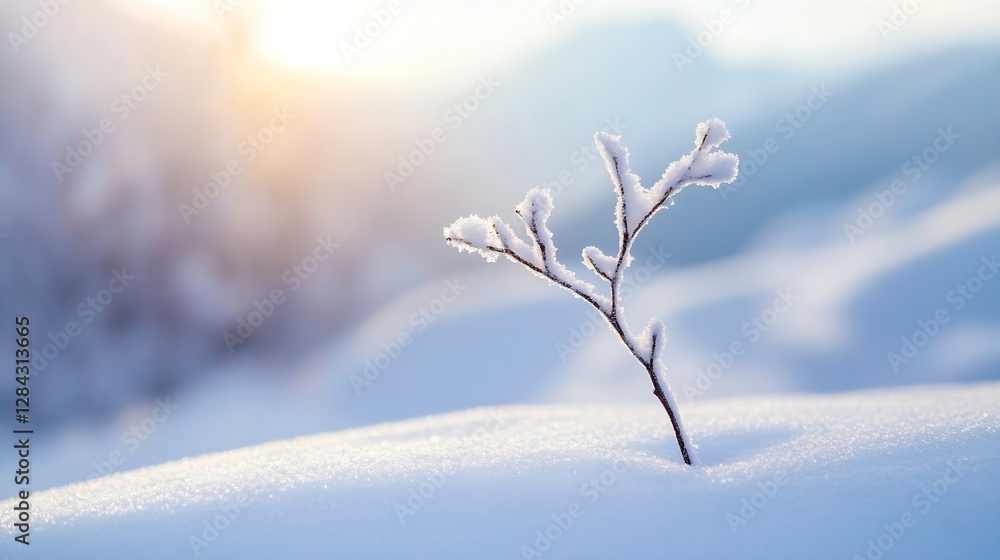 Poster delicate frost covered branch emerging from snow under soft sunlight during winter season : generati