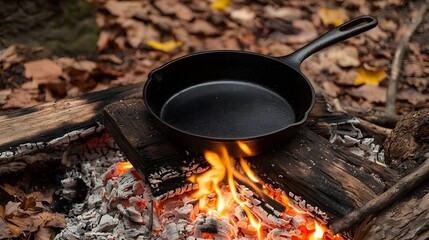 Cast Iron Pan Cooking Over Glowing Campfire in Outdoor Wilderness Setting