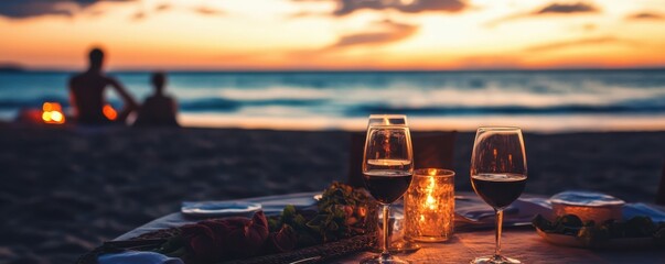 Naklejka premium Romantic beach dinner at sunset with wine and candles by ocean