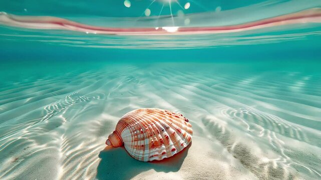 The shell rests on the seabed, illuminated by the sun's rays penetrating through the water. The light highlights create a magical atmosphere.