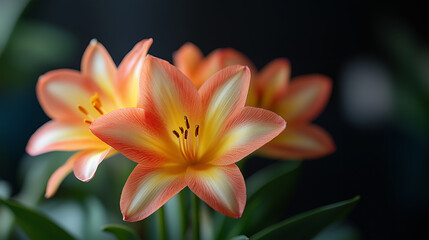 Fototapeta premium Vibrant orange and yellow flowers blooming indoors with lush green leaves surrounding them in a soft natural light setting. Generative AI