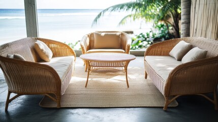 Outdoor rattan patio furniture creates a serene tropical setting with stunning ocean views during sunset at a coastal retreat