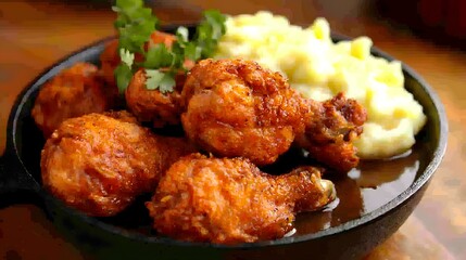Crispy Golden Fried Chicken Platter with Mashed Potatoes and Gravy in Cast Iron Pan on Rustic Wooden Background