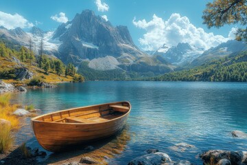 Obraz premium Serene wooden boat moored by tranquil lake surrounded by majestic mountains on a sunny day
