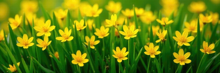 Fototapeta premium Dense bouquet of bright yellow flowers among emerald green leaves, sprouts, spring, arrangement