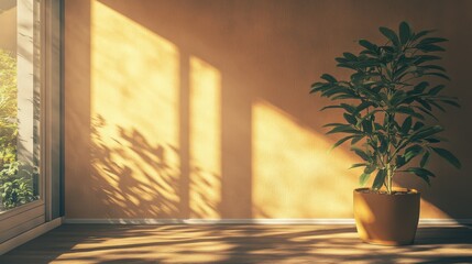 Sunlit corner with tall green plant casting shadows on yellow wall interior
