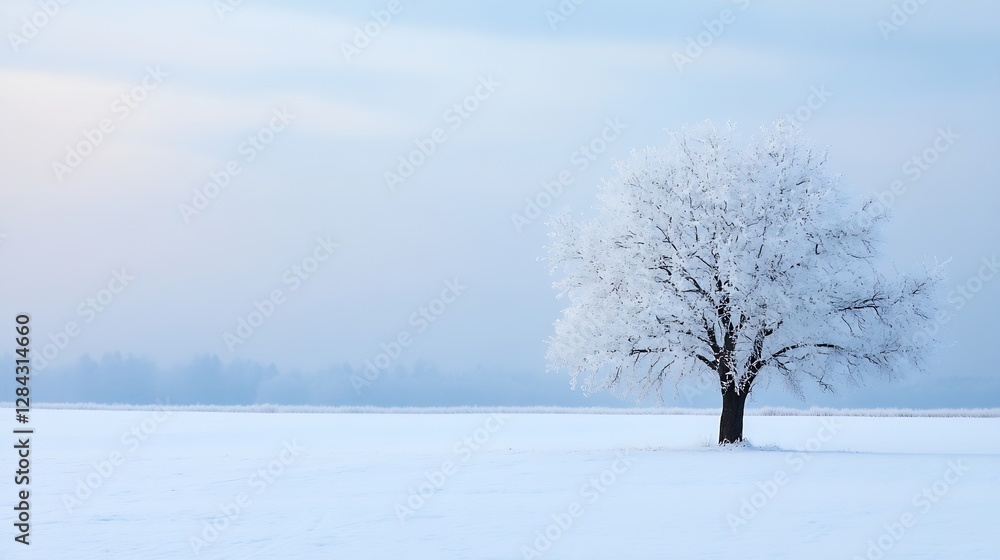 Poster lonely snowcovered tree in a winter landscape under soft cloudy sky : generative ai