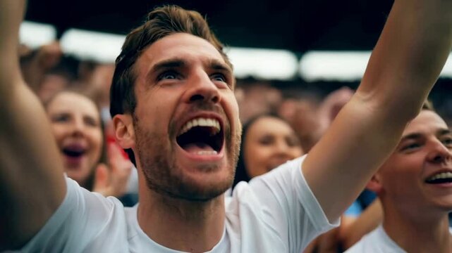 Excited sports fan cheering in the crowd, focused on the man clapping and smiling with other supporters in the background
