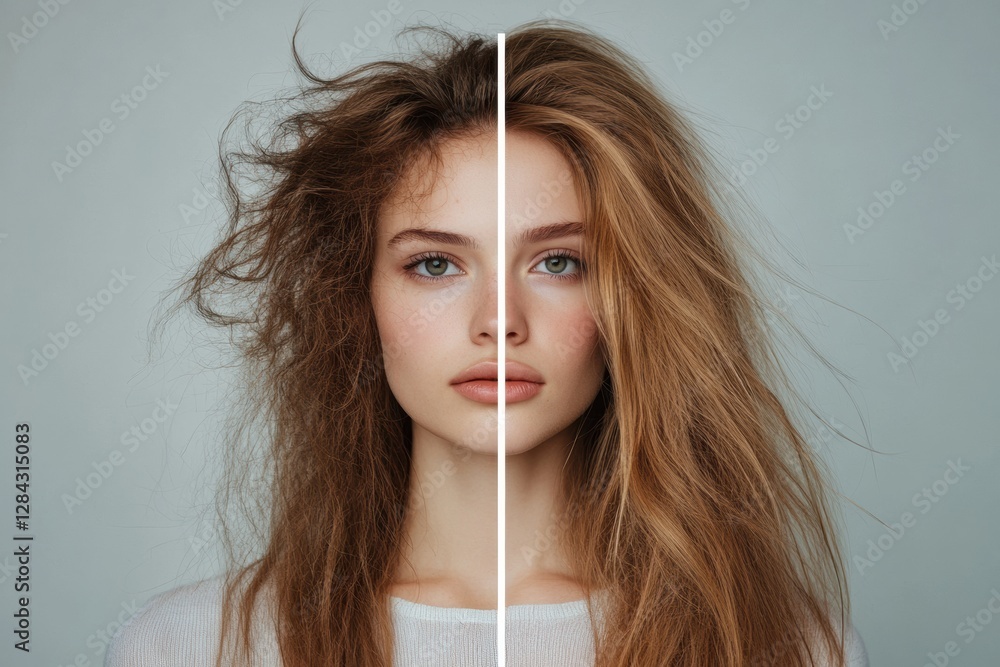 Poster transformation in hairstyle showcases the contrast between unkempt and styled looks for a confident 