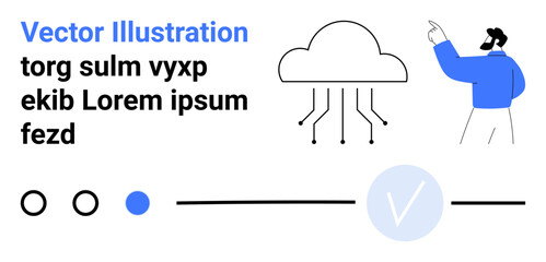 Man pointing at a cloud with data connections, representing technology and cloud computing. Ideal for tech education, presentations, cloud services promotion, data analysis, digital transformation