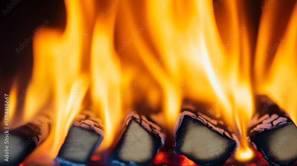 Poster closeup of burning logs in a cozy fireplace with vivid flames creating a warm ambiance : generative 