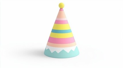 Cone Shaped Party Hat with Pastel Stripes on White Background Celebration Decoration