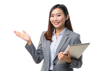 Portrait of Dynamic Young Asian Businesswoman Giving a Presentation isolated on a transparent background.