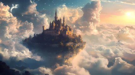 A castle in the clouds. Surreal Floating Castle. Illustration