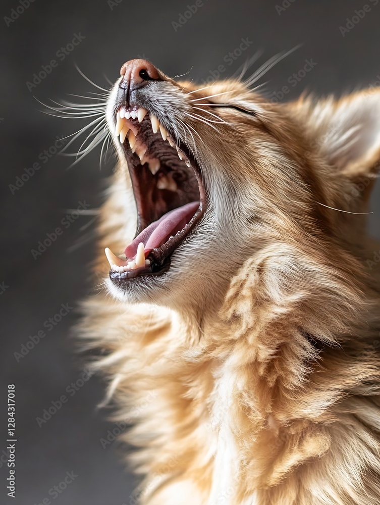 Poster Close up portrait of a yawning ginger cat with sharp teeth and expressive features : Generative AI