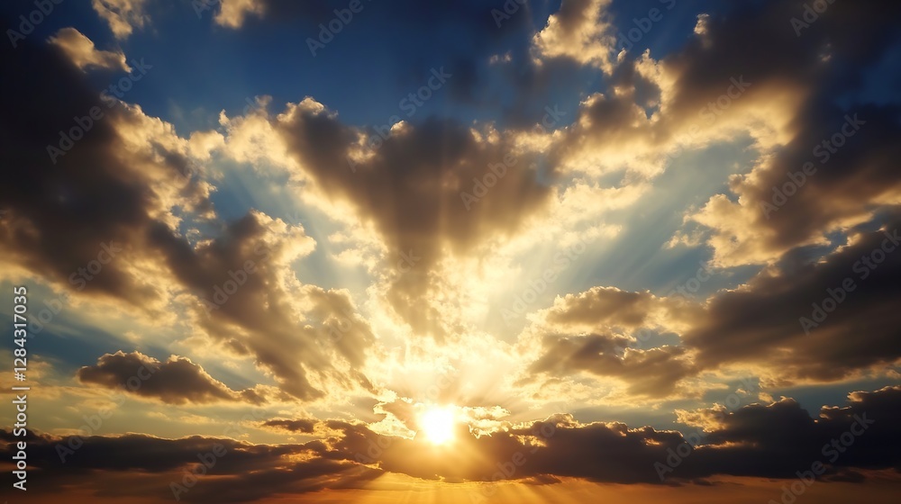Poster a stunning sunset with rays of light shining through dramatic clouds in a bright sky : generative ai